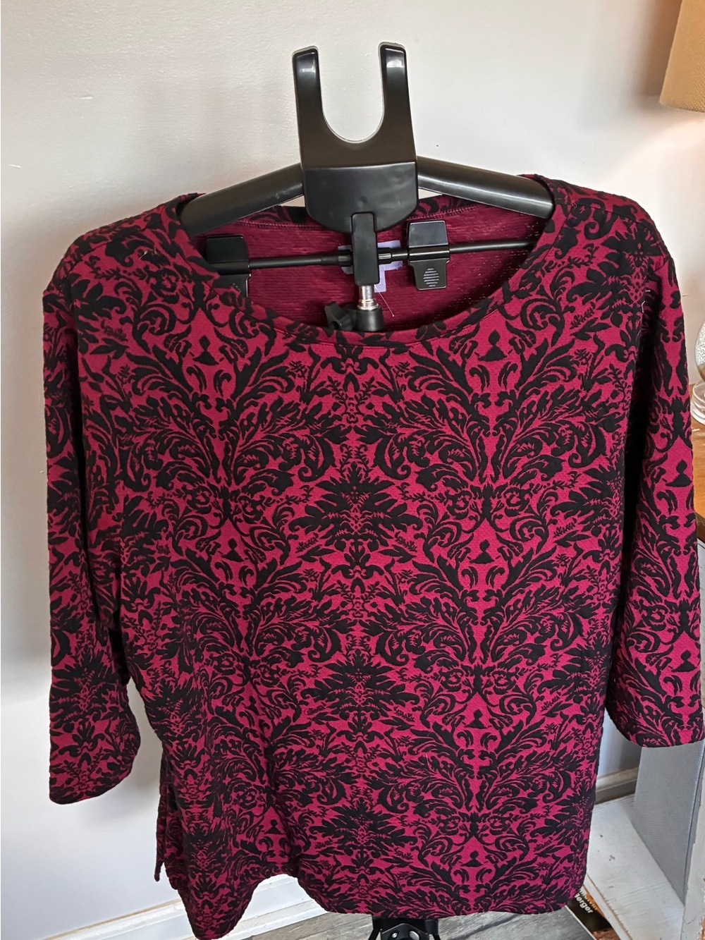 Laura Scott Burgundy and Black Damask Crewneck Top